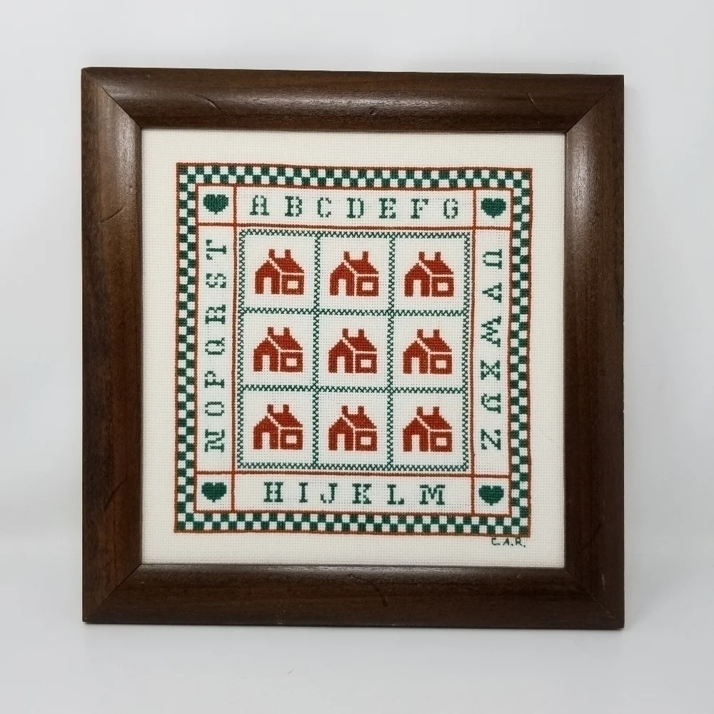 Framed Handmade Cross Stitch Wall Hanging Houses Alphabet Signed Checks Complete